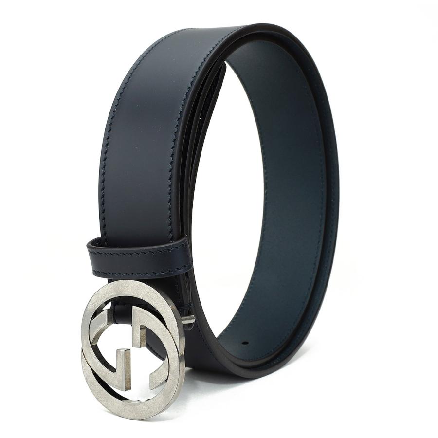 美品　グッチ　ベルト　インターロッキング　GG ネイビー　レザー　本革 リバーシブル レザー ベルト（インターロッキングG バックル