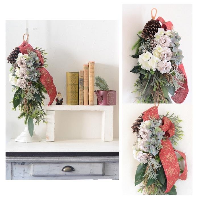 光触媒フラワー ドライスタイル カウベル スワッグ クリスマスリース 造花 花 大人色リース＊ボルドーのドライ風スワッグリース＊造花リース