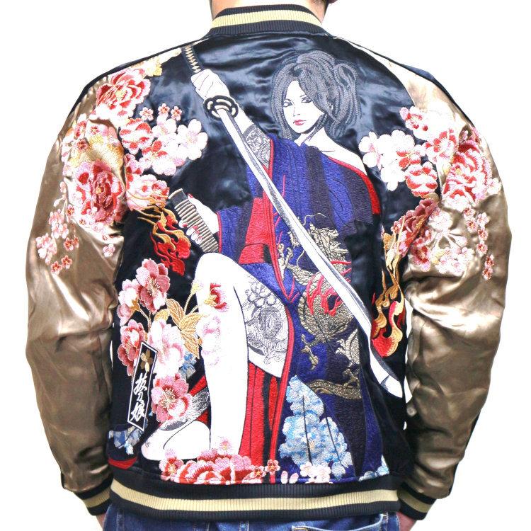 【超美品】抜刀娘 和柄中綿ボンバージャケット 妃那＆葵 ブラック Lサイズ スカジャン 抜刀娘 ばっとうむすめ 203071 妃那/和柄 和 女の子
