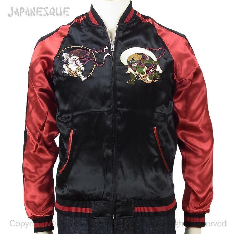 光言　風神雷神　和柄　スカジャン　黒×赤　Ｌ スカジャン ジャパネスク JAPANESQUE 風神雷神 3RSJ-003 和柄 和