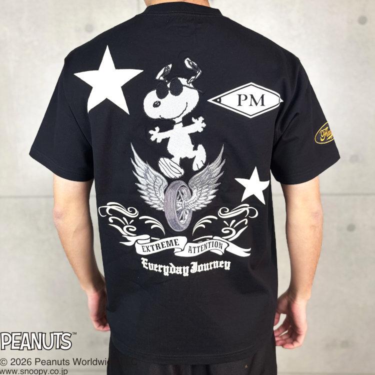スヌーピーxFLAGSTAFFコラボ半袖Tシャツ 462022 PEANUTS PM アメカジ キャラクター PEANUTS バイク | SNOOPY