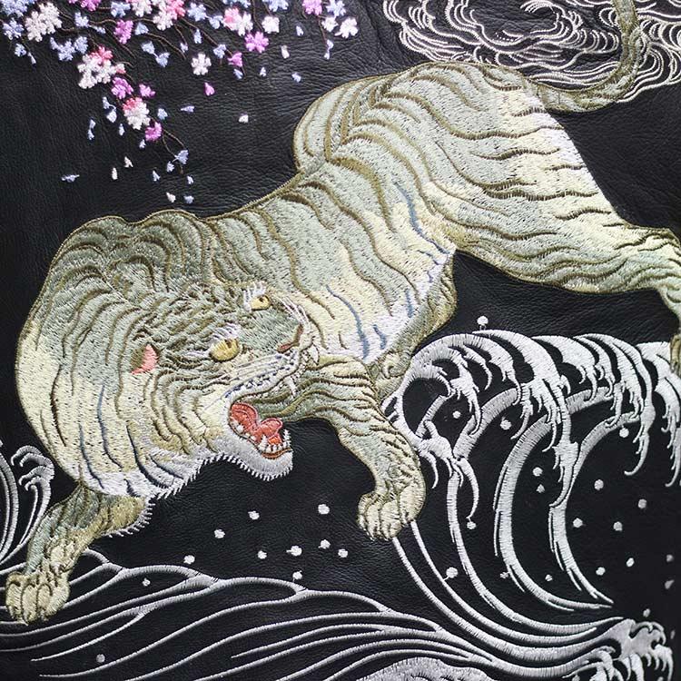 SATORI さとり 桜に波白虎 襟付きレザーライダースジャケット SATORI