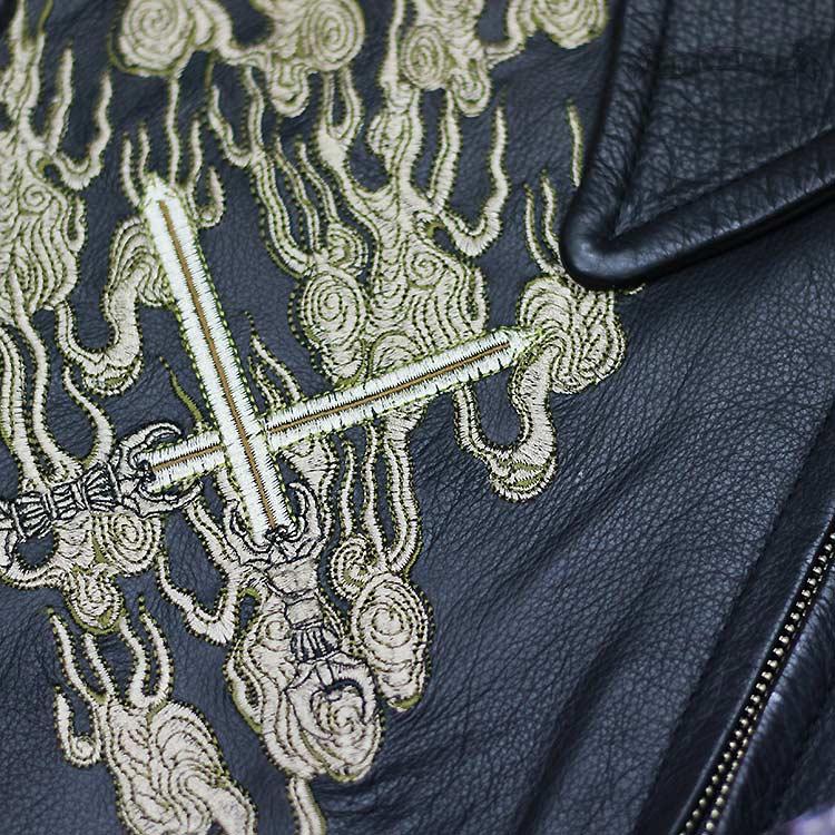 限定値下！幾何学刺繍　レザーライダースジャケット BODE風　刺繍 ジャケット レディース レザージャケット 刺繍 革ジャン ライダース
