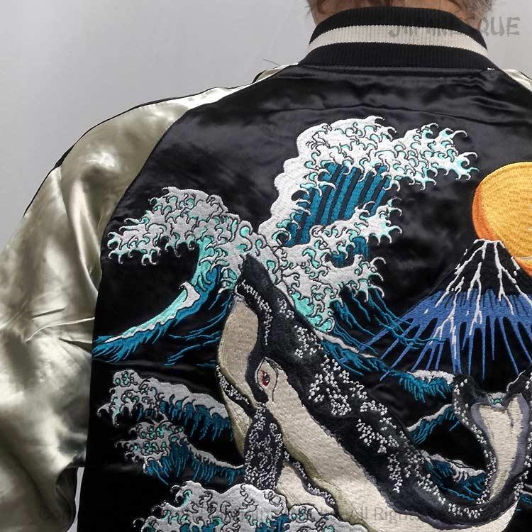 未使用級 花旅楽団 スカジャン 風神雷神 リバーシブル 刺繍 黒×白 L 和柄 風神雷神刺繍スカジャン 花旅楽団 SKJ-013 和柄 : だんだら