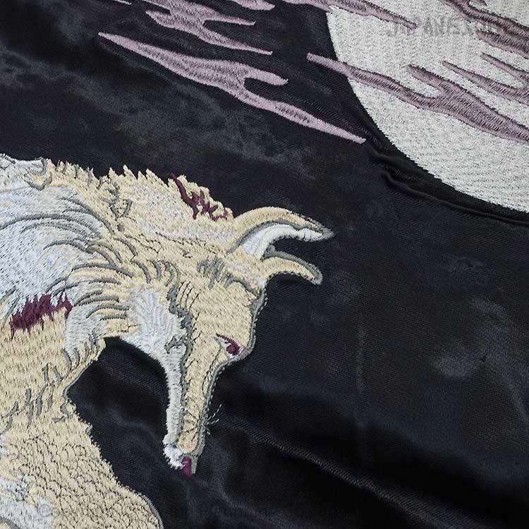 和柄スカジャン ジャパネスク 月に狼・白孔雀 刺繍 リバーシブル スカジャン  JSKJ-520 ビッグサイズ  XXXL "Wolf in the Moon" Sukajan Jacketの画像