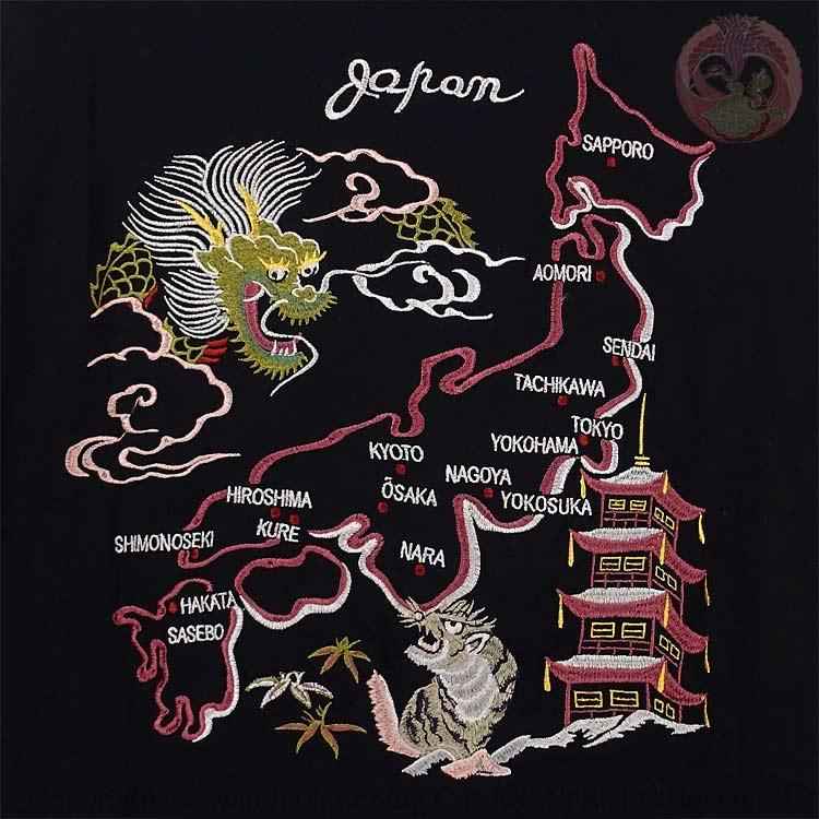 和柄Tシャツ ジャパネスク JAPANESQUE 日本地図に龍虎刺繍半袖T