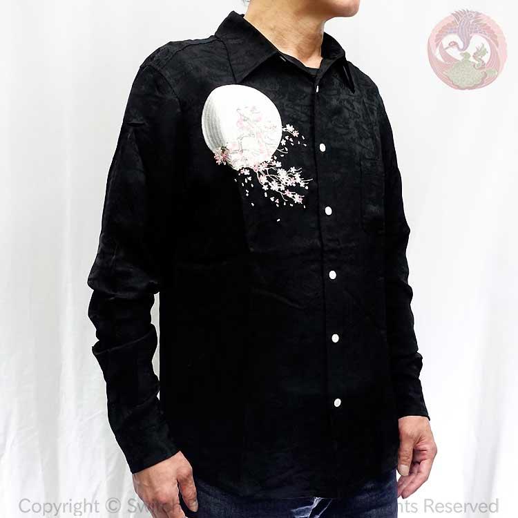 花旅楽団 月に白虎刺繍レーヨンジャガード長袖シャツ LS-002 和柄 はな