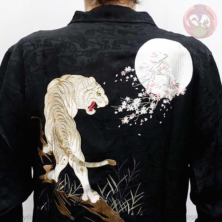 花旅楽団 月に白虎刺繍レーヨンジャガード長袖シャツ LS-002 和柄 はな