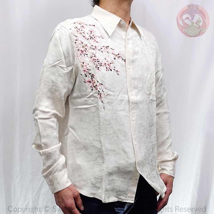 花旅楽団 桜刺繍レーヨンジャガード長袖シャツ LS-003 和柄 はなたびが