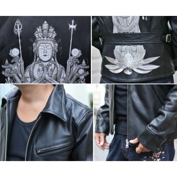 花旅楽団　　レザー　ライダースジャケット　革ジャン お取り寄せ商品] 花旅楽団 立千手観音柄刺繍 レザージャケット