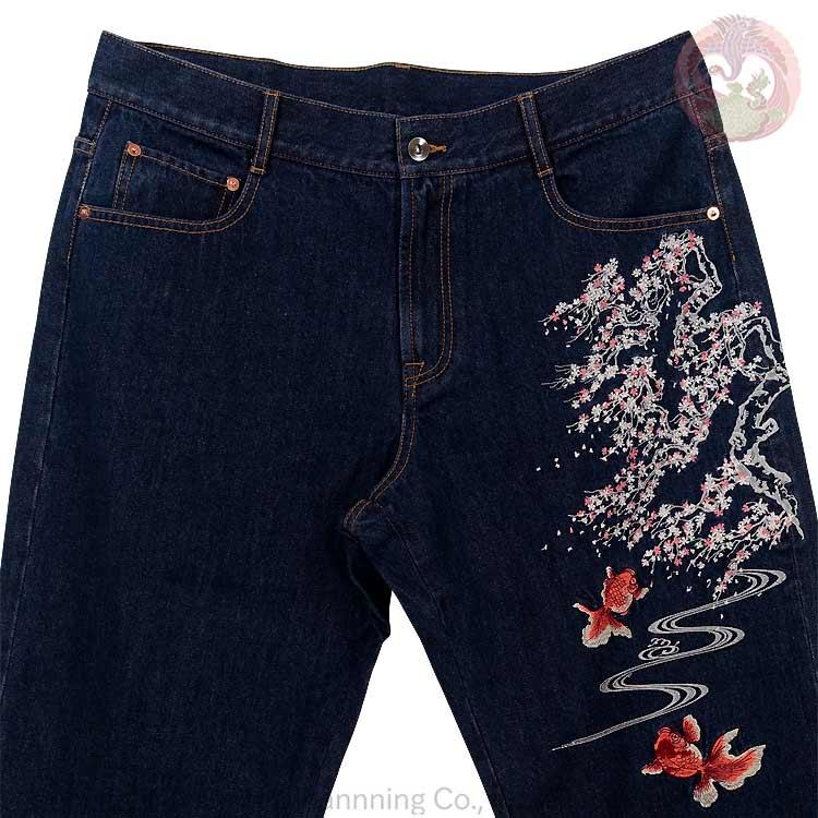 花旅楽団  はなたびがくだん スクリプト 桜金魚刺繍デニムパンツ SP-002 和柄 "Sakura Goldfish" Embroidery Jeans |  | 01
