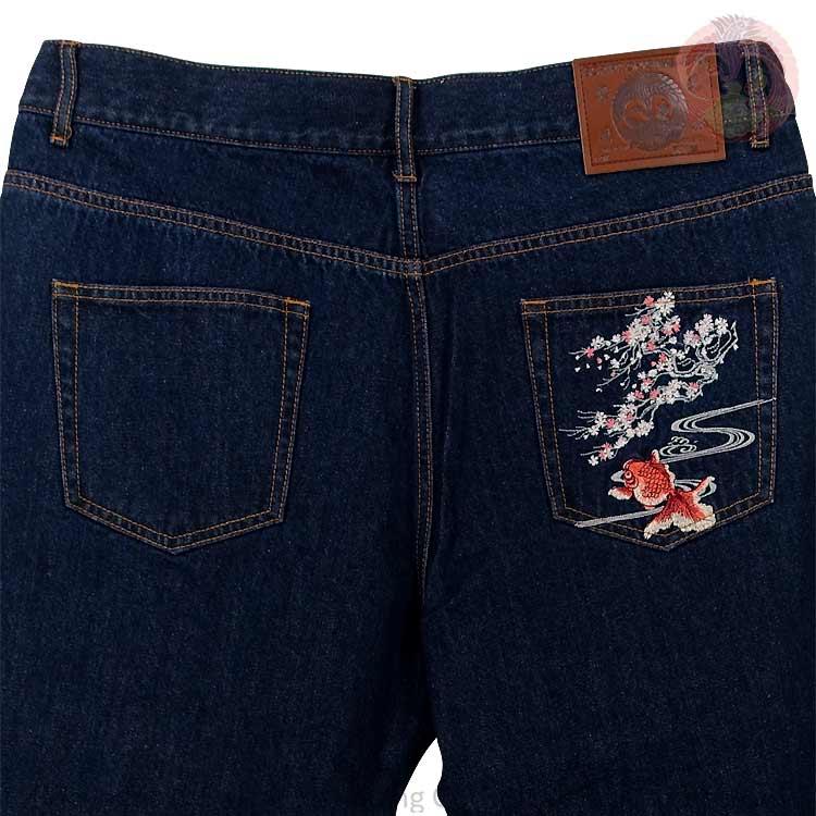 花旅楽団  はなたびがくだん スクリプト 桜金魚刺繍デニムパンツ SP-002 和柄 "Sakura Goldfish" Embroidery Jeans |  | 02
