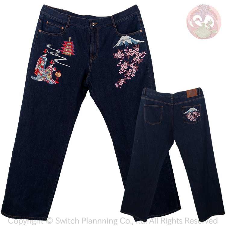 花旅楽団 はなたびがくだん スクリプト 富士舞妓刺繍デニムパンツ SP-003 和柄 "Fuji Maiko" Embroidery Jeans | 