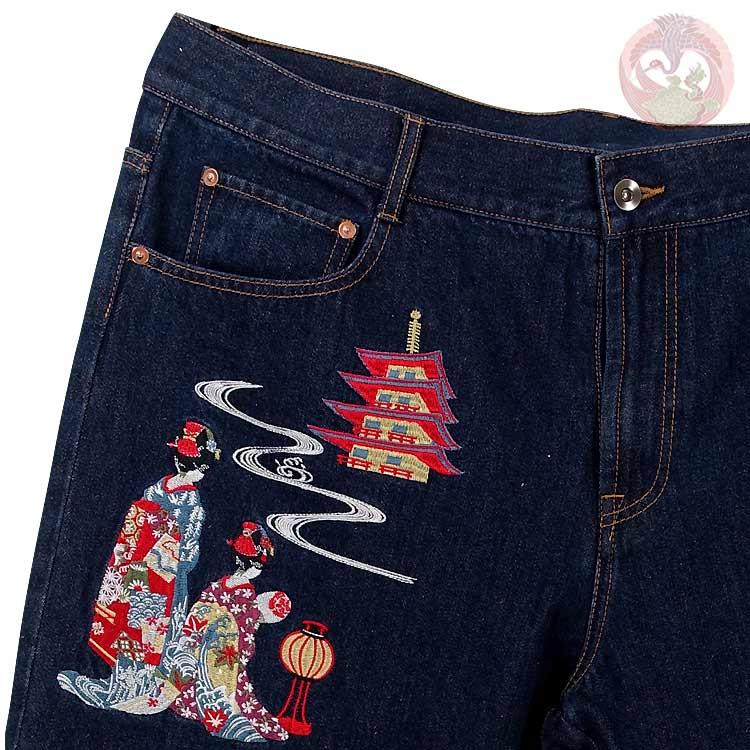 花旅楽団 はなたびがくだん スクリプト 富士舞妓刺繍デニムパンツ SP-003 和柄 "Fuji Maiko" Embroidery Jeans |  | 03