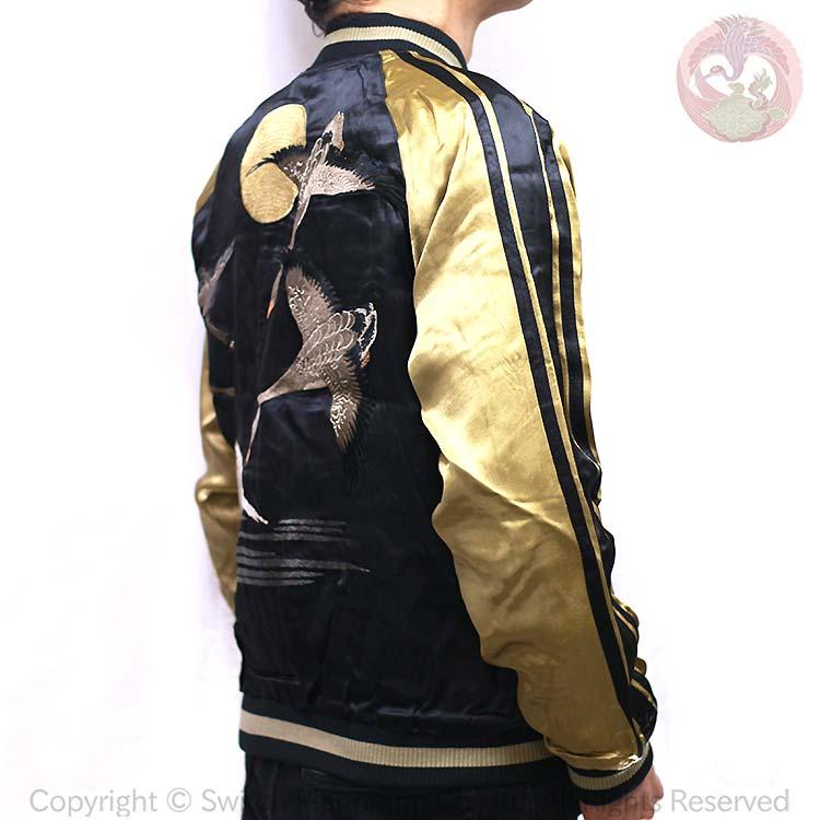 花旅楽団 リバーシブル スカジャン SCRIPT 和柄 月 ブラック M 花旅楽団 SCRIPT 巻龍総柄刺繍 黒×チャコールグレー