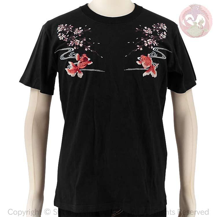 和柄Tシャツ 花旅楽団 はなたびがくだん スクリプト 桜に金魚刺繍半袖Tシャツ ST-403 Cherry blossoms and goldfish |  | 01