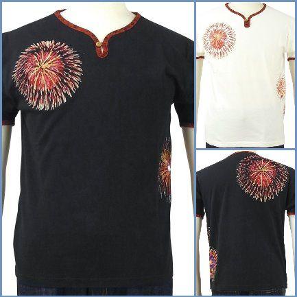 花旅楽団 はなたびがくだんスクリプト半袖1ボタンヘンリーネックT ST-406 花火/和柄 | 