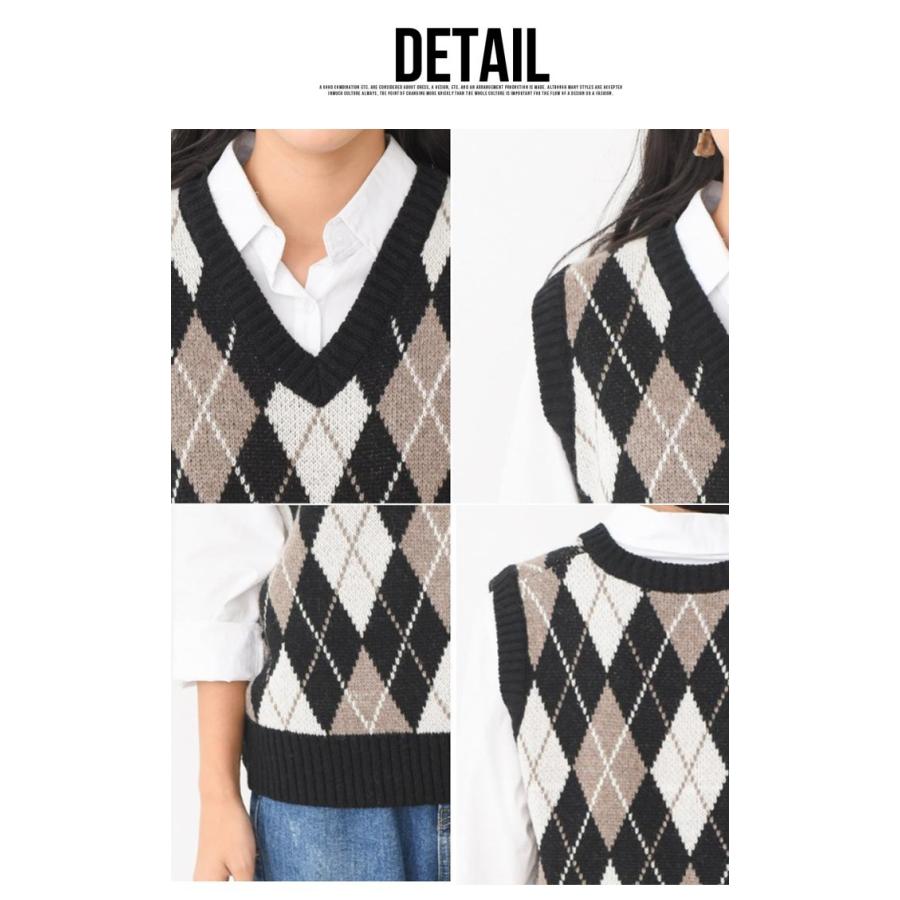 ニットベスト レディース アーガイル チェック柄 秋新作 秋冬 Vネック ゆったり ウール混 レイヤード ダイヤ柄 0031 T Basic Style 通販 Yahoo ショッピング