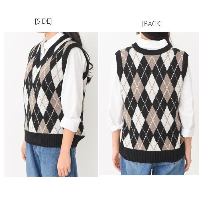 ニットベスト レディース アーガイル チェック柄 秋新作 秋冬 Vネック ゆったり ウール混 レイヤード ダイヤ柄 0031 T Basic Style 通販 Yahoo ショッピング