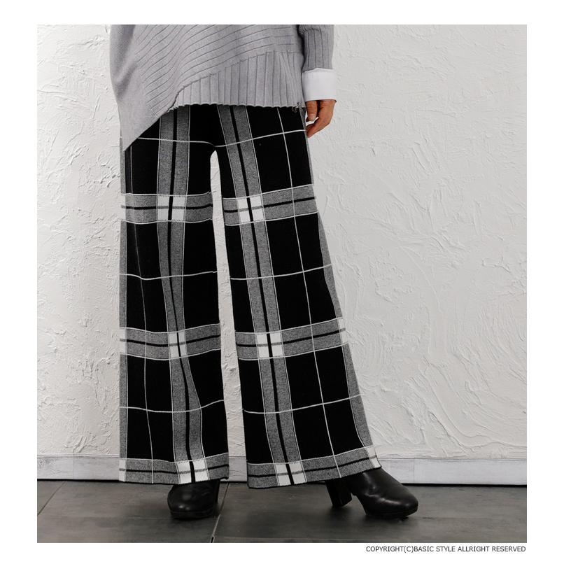 パンツ 　ニットパンツ　レディース　秋　冬　ワイドパンツ　チェック柄　ガウチョパンツ　ウエストゴム　ゆったり　ストレッチ　ジャガード　ボトムス |  | 06