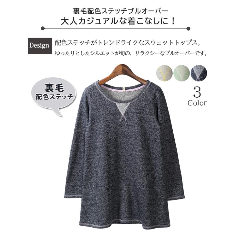 カットソー　レディース 長袖　秋冬　チュニック　ロング丈　Aライン　スウエット　ポケット付き　ルームウェア 　綿混　ステッチ　裏毛　プルオーバー |  | 01