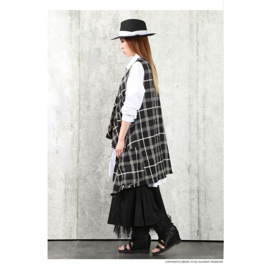 チュニック　プルオーバー　　ジレ  レディース　レイヤード　重ね着　チェック柄　ドレープ　Aライン　美シルエット　大きいサイズ　シフォン