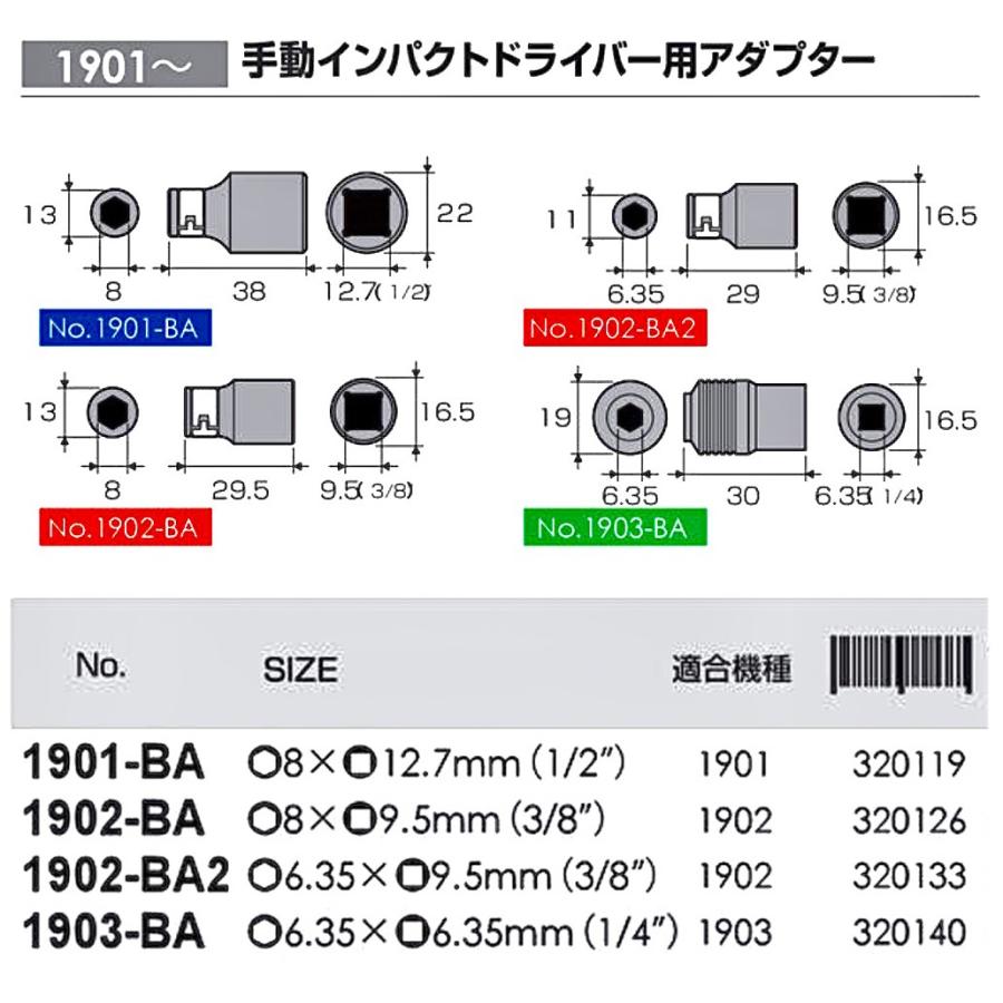 ANEX 手動インパクトドライバー 専用変換アダプター 差込角 12.7mm 9.5mm 6.35mm ショックドライバー レスキュー なめたネジ 錆び 固着 取り外し BA 兼古製作所｜bstl｜04