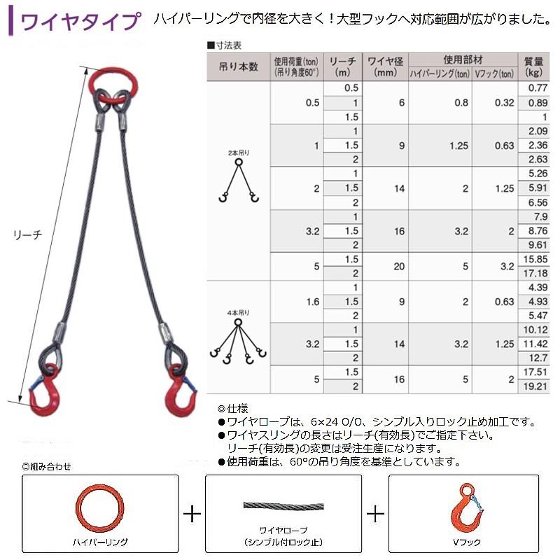 大洋製器工業 2本吊ワイヤスリング 9mmx1M 使用荷重1t リーチ有効長1M