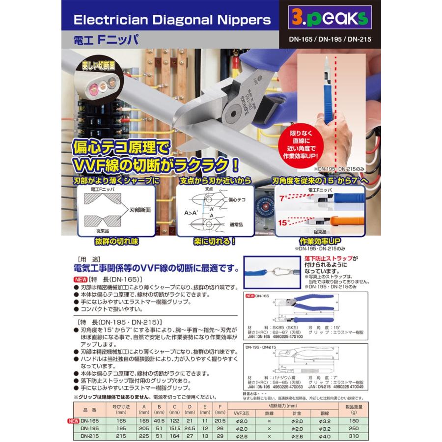 スリーピークス技研 電工Fニッパー 195mm 成形ハンドル 電工薄刃型