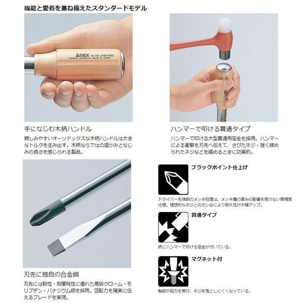ANEX 強力貫通型 木柄ドライバー -9X200mm マグネット付 マイナス