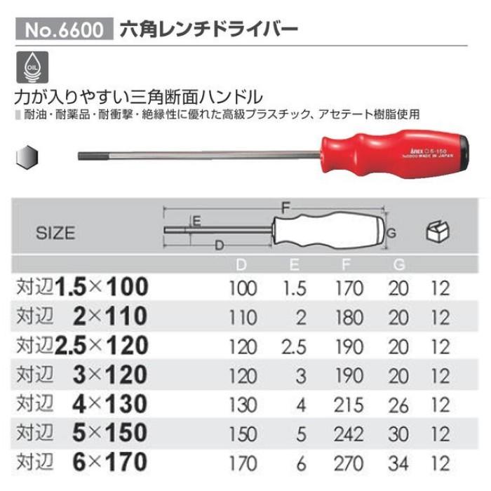 兼古製作所 ANEX 六角レンチドライバー 6mm 三角断面ハンドル採用