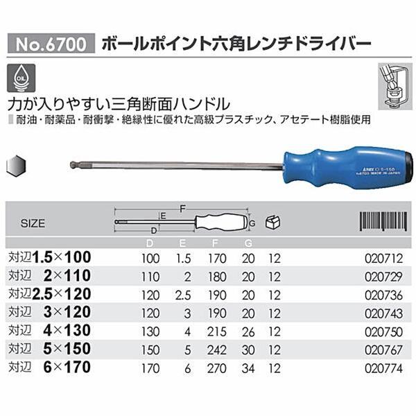 ANEX ボールポイント六角レンチドライバー 3X120mm 三角断面ハンドル