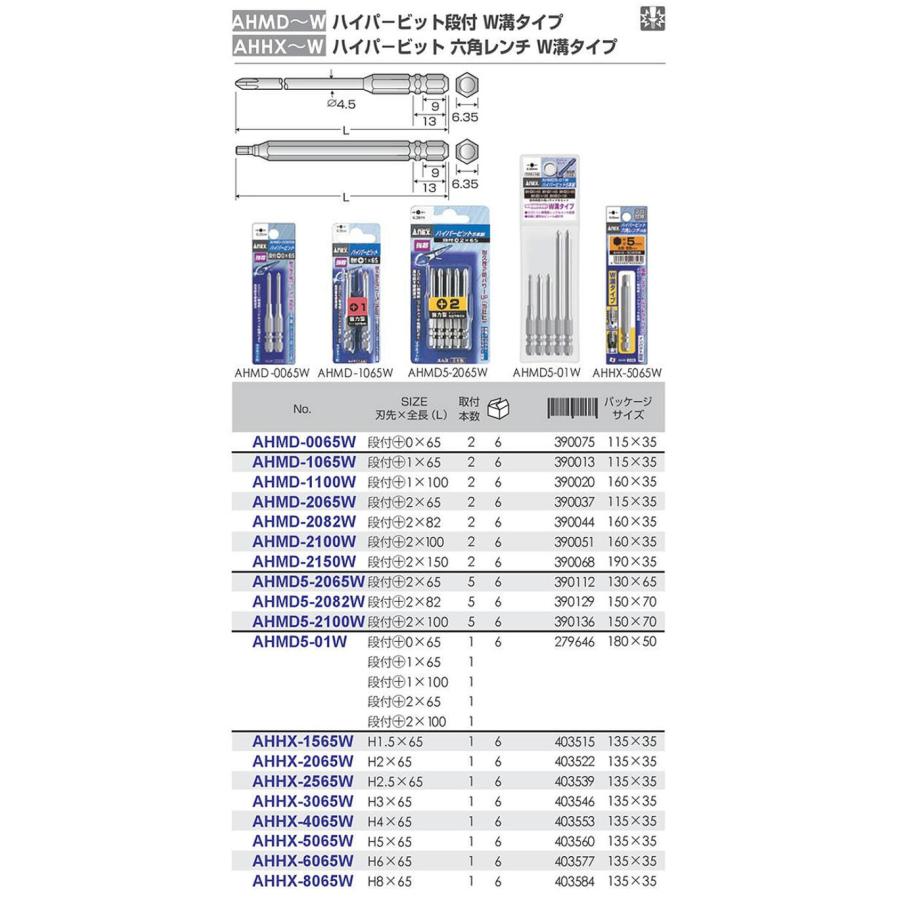 ANEXTOOL ハイパービット段付き 2本組 +2X100mm W溝タイプ 9mm溝 13mm溝 マグネット付 耐久性アップ 強靭 高品質 片頭  ビス打ち ネジ締め AHMD-2100W 兼古製作所