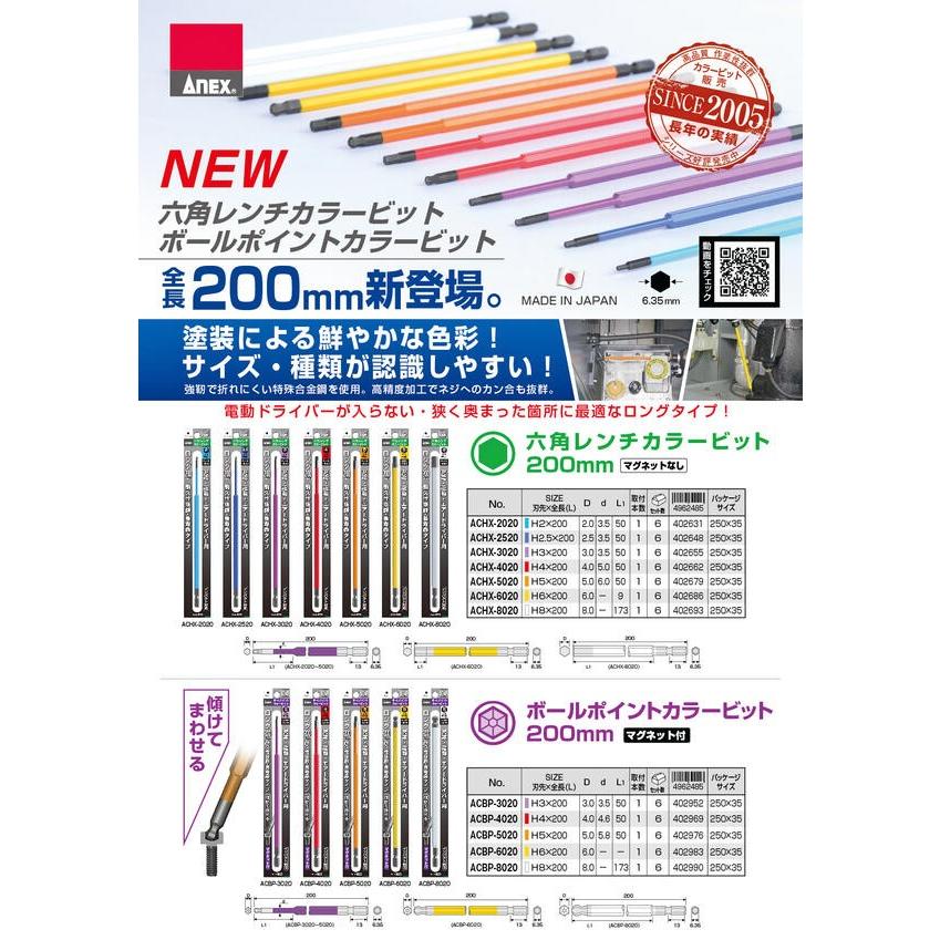 ANEX ロングカラービット150mm ボールポイント 3mm 耐久性抜群 長寿命タイプ 色分けで先端サイズ識別 家具 機械 設備 組立 DIY 日本製 ACBP-3015 兼古製作所｜bstl｜03