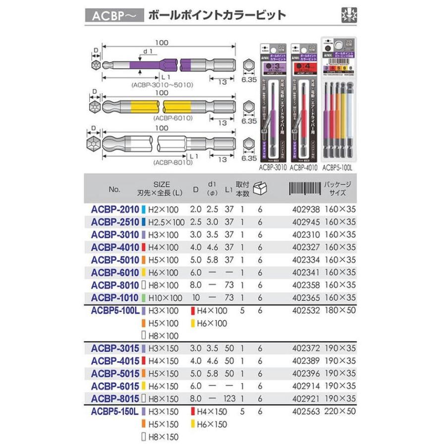 ANEX ロングカラービット150mm ボールポイント 5mm 耐久性抜群 長寿命タイプ 色分けで先端サイズ識別 家具 機械 設備 組立 DIY 日本製 ACBP-5015 兼古製作所｜bstl｜02