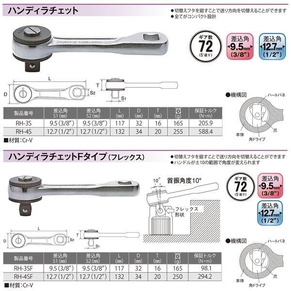 トップ工業 ハンディラチェット フレックスタイプ 差込角 12.7mm 柄端継ぎ足し用穴付き 首振り 72枚ギヤ ショートハンドル 3/8 ラチェットハンドル RH-4SF TOP｜bstl｜05