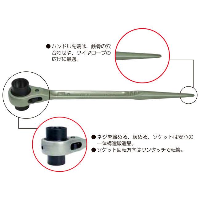 MCC 両口ラチェットレンチ 19x21 シノ付き 爪切替え式 ストレートシノ