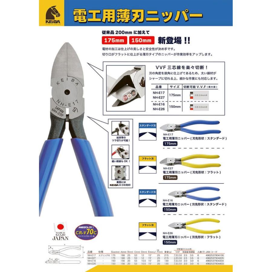 KEIBA ケイバ 電工用薄刃ニッパー 150mm スタンダード刃 フラット刃