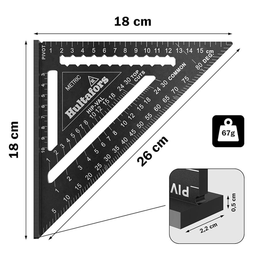 ハルタフォース 高精度三角定規 ラフタースクエア 180mm 三角スコヤ 定規 測定 ケガキ アルミボディ 分度器 丸鋸ガイド 多機能定規 スウェーデン MRS HULTAFORS｜bstl｜02