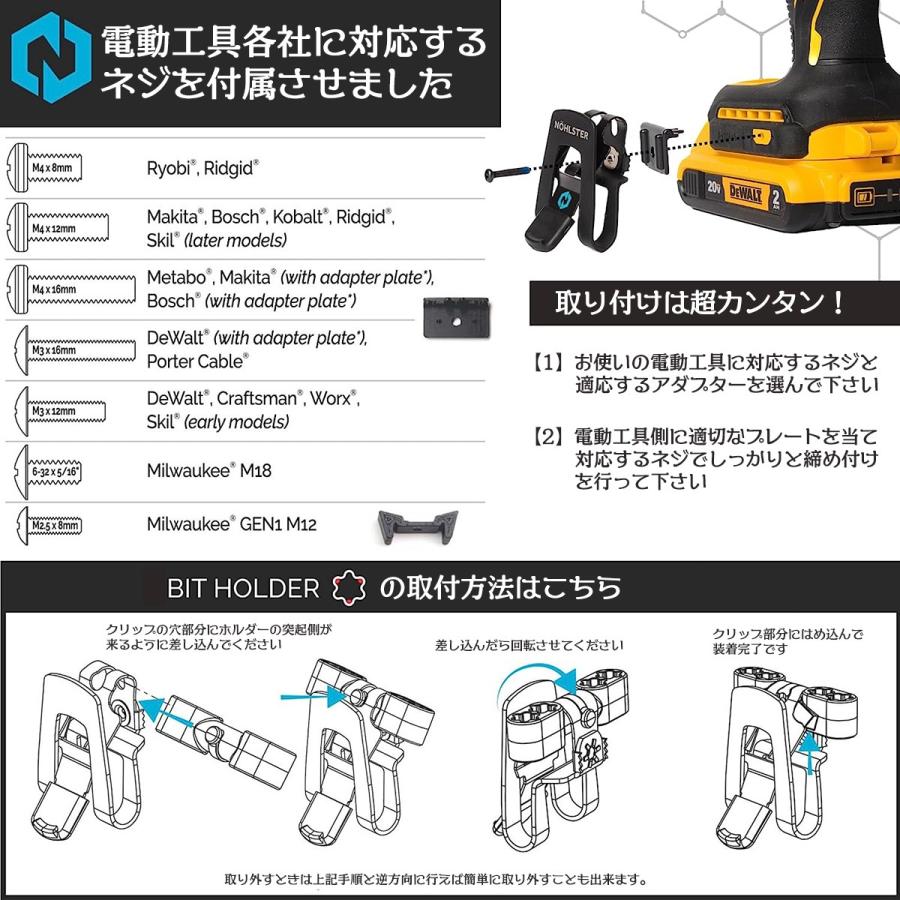 NOHLSTER 電動工具用ロッキングツールクリップ 着脱式ビットホルダー付 ワンタッチ 片手操作 クリップ方式 マキタ ハイコーキ 京セラ 各社対応ビス付 ノルスター｜bstl｜05