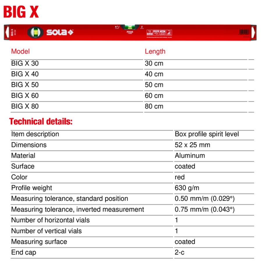 SOLA 特許取得済み アルミレベル Big X 80 FOCUS気泡管 800mm X形状