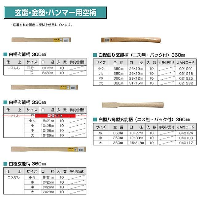 王将 須佐製作所 白樫玄能柄 四分一 300mm ニス無 木柄 玄翁 玄能 金槌 