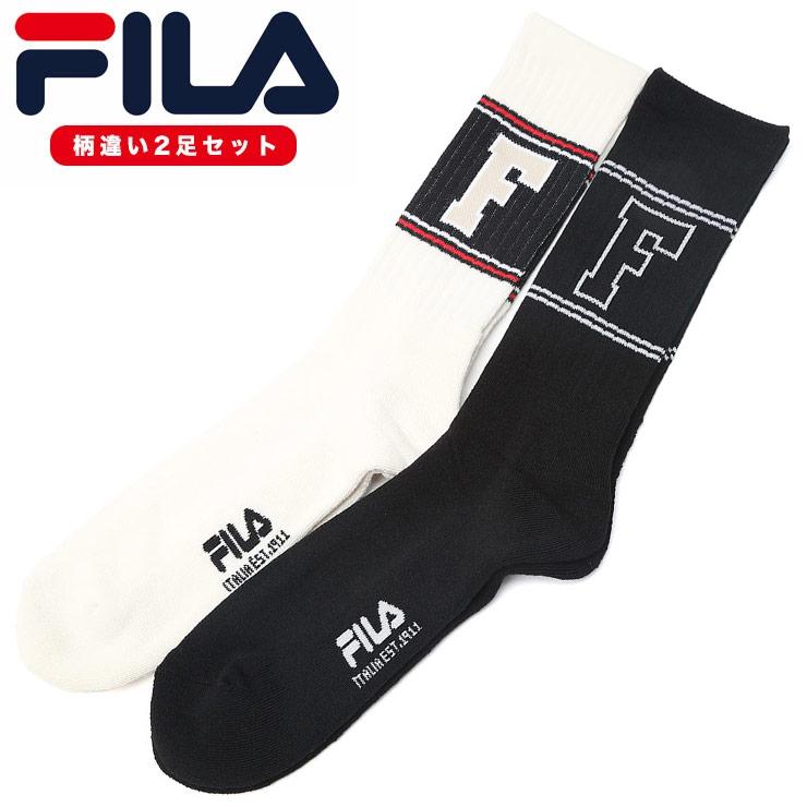 FILA 靴下 2足組 大きいサイズ メンズ クルーソックス カレッジ風 リブ 
