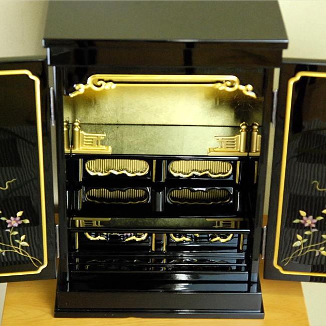 仏壇 鉄仙I 16号 漆芸 金仏壇 黒塗り 上置型 ミニ仏壇 小型 : ハセガワ