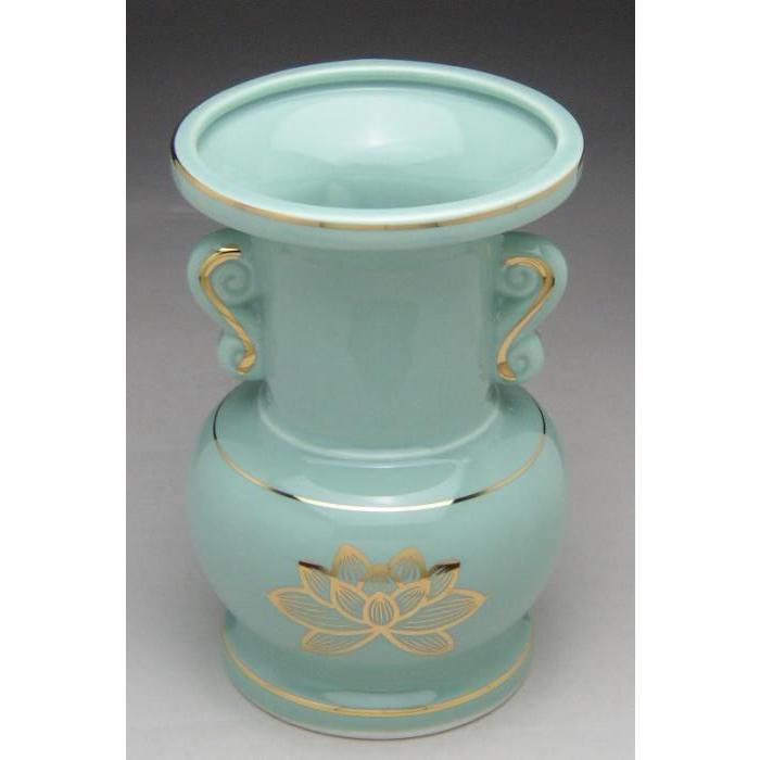 青磁上金蓮大玉仏花（花立）4寸 陶器製 （青）/仏具用品_葬儀_お葬式_