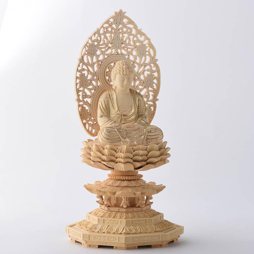 仏像 仏壇用 高級 柘植 つげ材 八角台座 2号座像 金泥仕上 ns sr 座