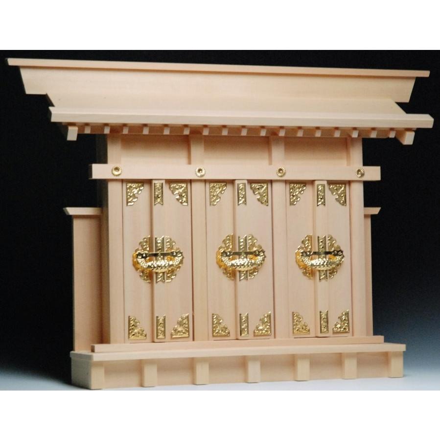 神棚 三社 小型 日本製 出三社(小) 上級品 尾州桧(木曽桧) 国産品 屋根巾52センチ 27センチの 御札を収納( 通し屋根三社型 片屋根 神殿）