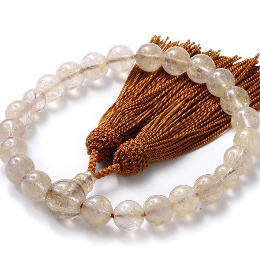 数珠 男性用数珠 念珠 金線入水晶 22玉共仕立 上級品 正絹頭房 金茶T色  