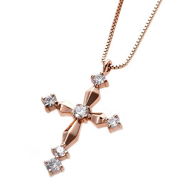 ダイヤモンド ネックレス クロス 0.1ct K18 ピンクゴールド 十字架 クロスモチーフ ペンダント 鑑別カード付き[21]