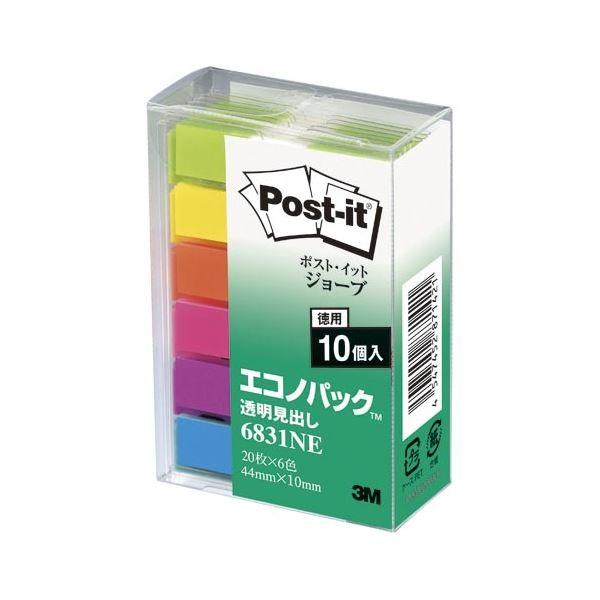 （まとめ） 住友スリーエム ポストイット(R) ジョーブ 透明見出し エコノパック(TM)製品 6831NE 混色6色 10個入 〔×3セット〕[21]
